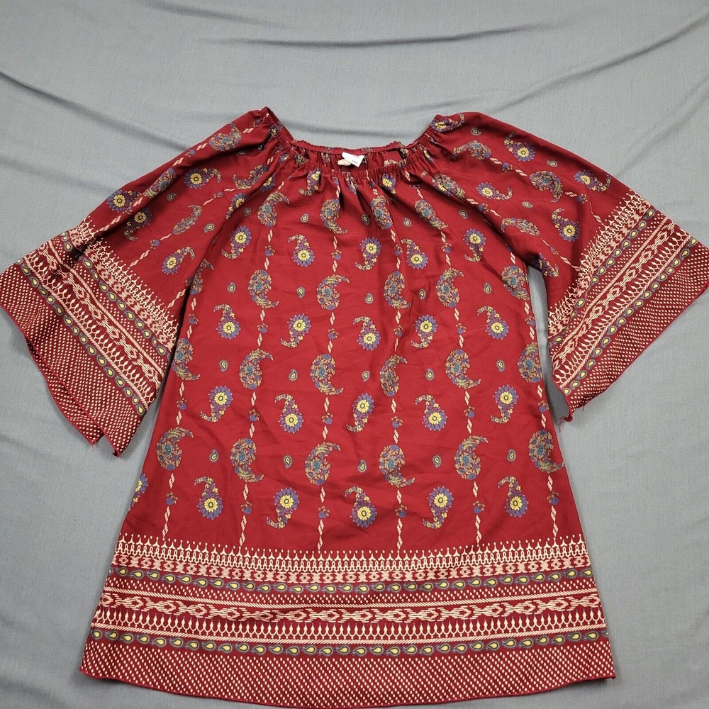 Ahto USA Womens‎ Medium Burgundy Paisley Floral Bell Sleeve Tunic Top DA096